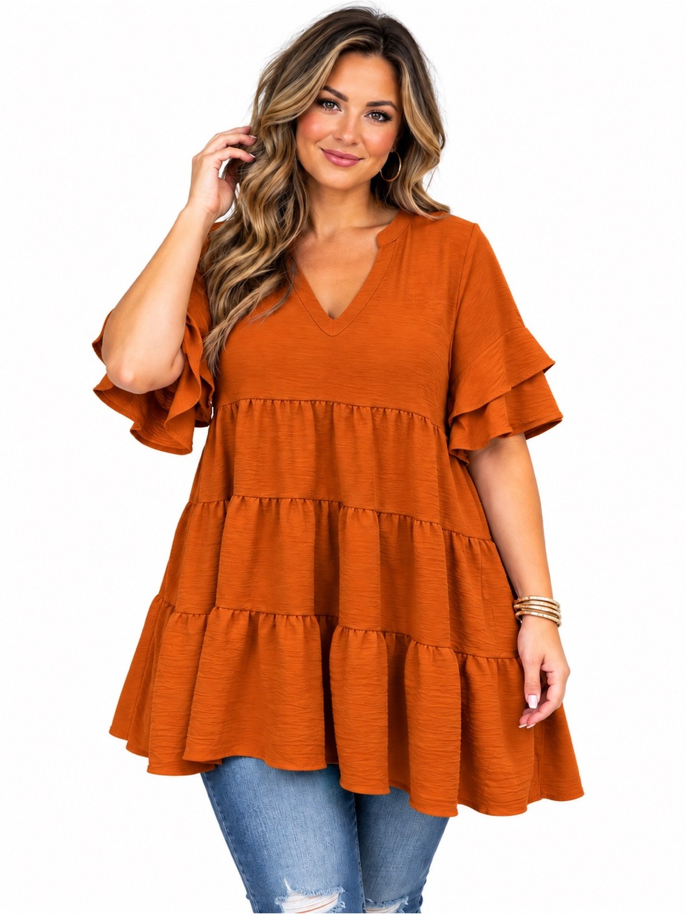 Zenana Rust Orange Tiered Babydoll Tunic Top Flutter Sleeve L NWOT